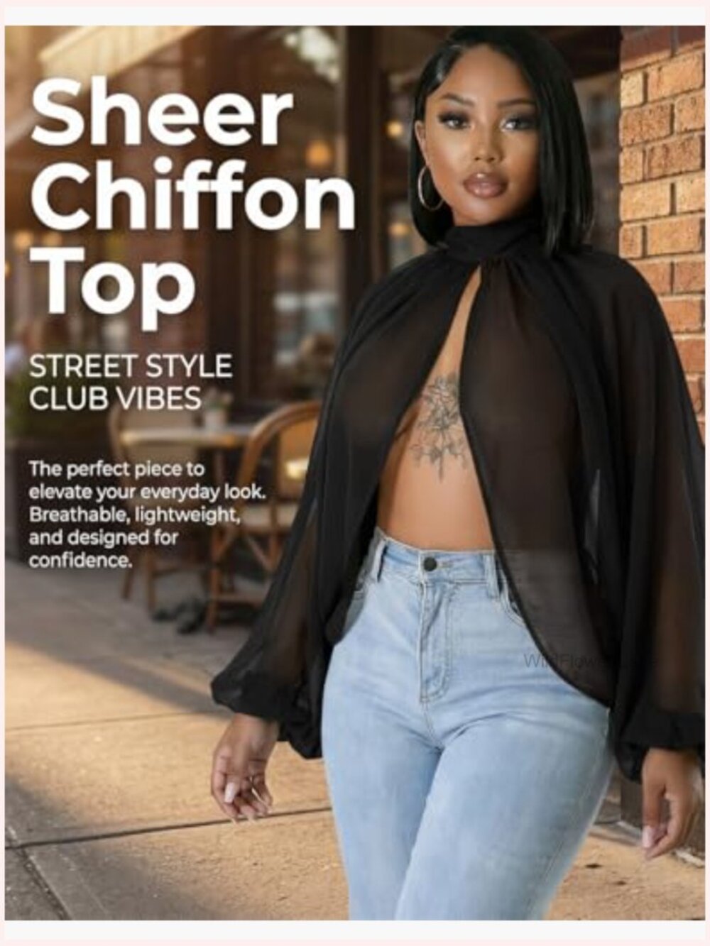 Sexy Sheer Chiffon Lantern Sleeve Blouse Front Back Open Self Tie Top - Picture 5 of 7